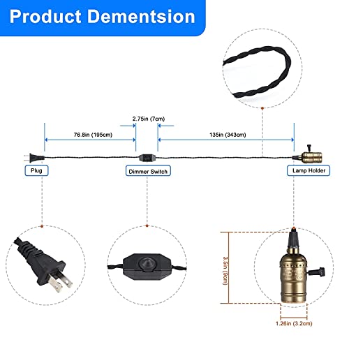 Simple Deluxe 15Ft Pendant Light Cord, Suitable E26 Socket With Switch, Twisted Black Cloth Plug In Hanging Light Kit, For Industrial Retro Diy Decoration #TOP1
