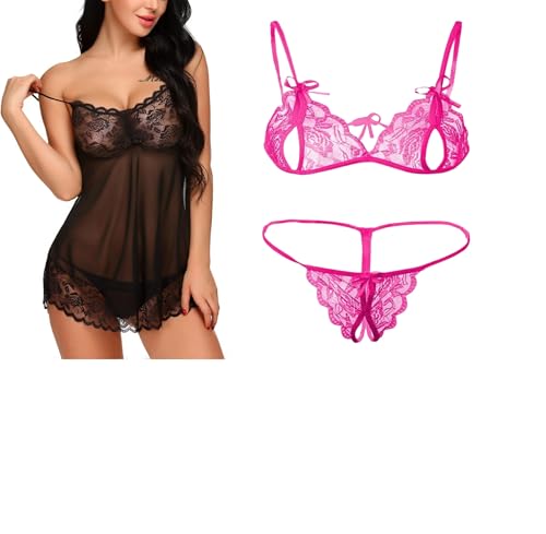 Image of SSoShHub Lace Babydoll Lingerie Sexy Mini Chemise Mesh Wedding Nightie Bridal Nightdress with Bikini
