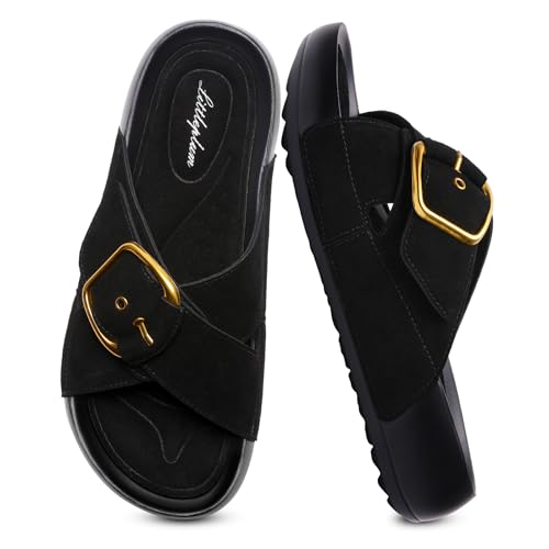Littleplum Women's Slides Sandals with Arch Support - Soft Cushion Platform Wedge Sandals with Adjustable Buckle for Indoor/Outdoor, Lightweight Walking Beach Resort Slippers Black Size 6
