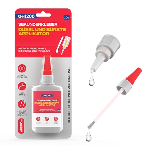 GH1200 (2-in-1) sekundenkleber extra stark mit Pinselapplikator & Düse - Superschneller & stark haftender superkleber - Cyanacrylatkleber super glue für harte Kunststoffe DIY Handwerk und vieles mehr