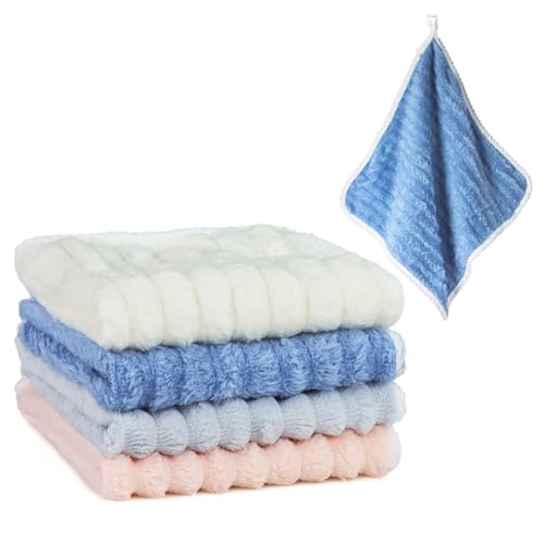 Hipruict Hand Towels with Hanging Loop, 4 PCS Absorbent Small Hanging Towels for Bathroom and Kitchen (11.8” x 11.8”)