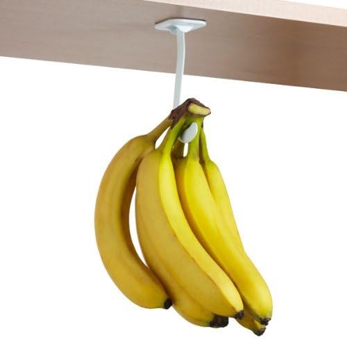 Banana Hook Hanger Under Cabinet Hook Ripens Bananas with Less Bruises, Hang Other Lightweight Kitchen Items, Folds Up Out of Sight When Not in Use, Self-Adhesive + Pre-drilled Screw Holes (White)