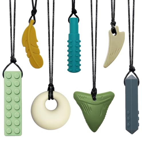 Chew Necklaces for Sensory Kids & Adults - 7 PCS Silicone Chewy Necklace Sensory Toys for Kids with Autism, ADHD, Anxiety, Oral Motor Stimulation, Chewable Teething Necklace for Baby BPA Free