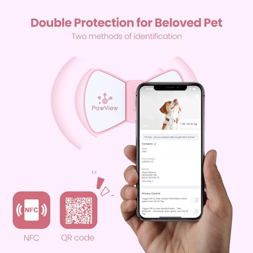 PawView QR Code Dog Tags UK with NFC - Personalized Pet ID Tag Waterproof Silicone Slide On Dog Collar Tag for Lost Pet Recovery - No GPS Needed, No Subscription or Free App, Pink Bow Tie - Image 3