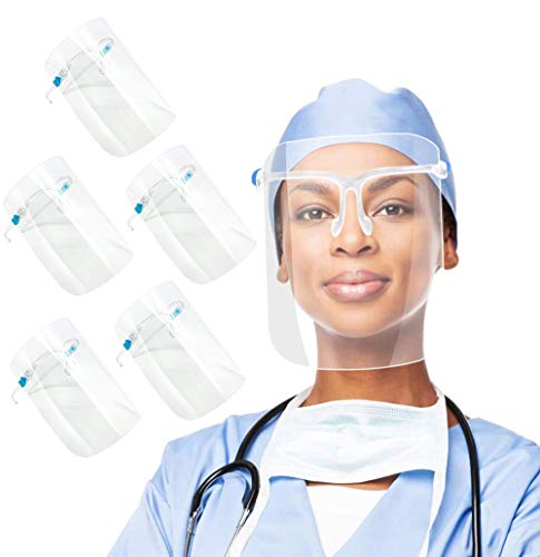 Face Protective Shield Visor with Glasses | Set with 10 Replaceable Anti Fog Shields and 5 Reusable Glasses | Protective Film MUST Be Peeled Off