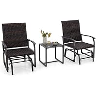 COSTWAY 3-Piece Rattan Rocking Bistro Set, Metal Frame Garden Gliding Chair Set with Tempered Glass Coffee Table, Wicker Swing Glider Furniture Set for Patio, Poolside and Front Porch