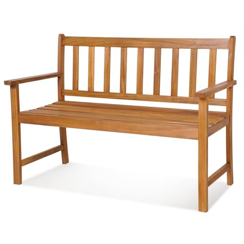 RELAX4LIFE Outdoor Bench Acacia Wood - 2-Person Garden Bench w/800 Lbs Weight Capacity, Slatted Wooden Loveseat w/Backrest & Armrests, Patio Park Chair for Front Porch Poolside Park Backyard (48'')
