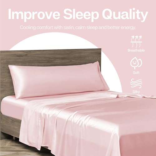 Image of MR&HM Satin Body Pillow Cover, Soft and Breathable Body Pillow Case with Envelope Closure, Cooling and Silky Long Pillowcase for Hair and Skin,Grey (20x54, Light Pink)