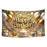 バースデー タ ペストリー 150×90cm 誕生日 飾り付け キラキラ クラウン 3Dプリント 女の子 背景布 写真撮影 壁飾り パーティー飾り SNS撮影 記念日 繰り返し使える 洗える ポリエステル製 (ゴールド(風船+ケーキ))