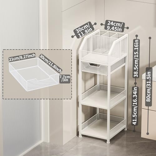 SWTYMIKI 4-Tier Hair Tool Organizer - Bathroom Storage Shelf with Drawer & 3 Grids, Versatile Hair Dryer Holder for Cosmetic Hair Accessories Curling Iron Blow Dryer Straightener, White