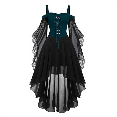 Disfraces de Halloween para mujeres adultas, vestido gótico con correa de hombro descubierto, vestido gótico acampanado de malla, retazos, disfraz medieval para mujer, vintage, steampunk, con cordones
