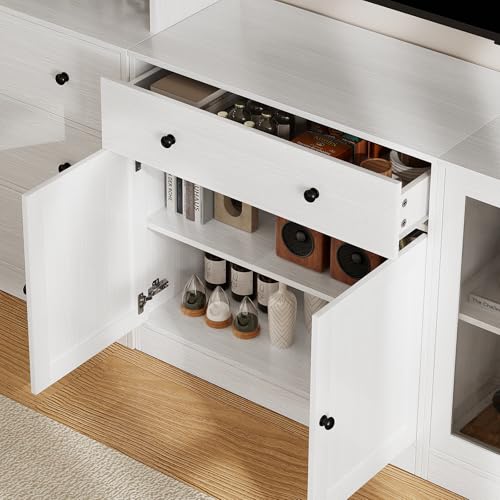 TUSY 71" TV Stand Storage Set - 2 Tall Bookcases & 2 Side Cabinets, Media Console with Glass & Wood Doors, Entertainment Center with Drawers, Tall Media Console for Living Room (White, AEEA)