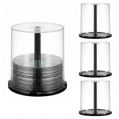 ABOOFAN CD/DVD Cake Box Spindle, 4pcs Empty DVD Storage Bucket Clear CD Holder 100 Disc Capacity Storage Containers Plastic Column Dvds Bucket with Black Spindle