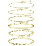Besteel Juego de 6 tobilleras para mujer, impermeables, chapadas en oro de 14 quilates, no se deslustran, hipoalergénicas, de acero inoxidable, cadena de eslabones cubanos, juego de tobilleras