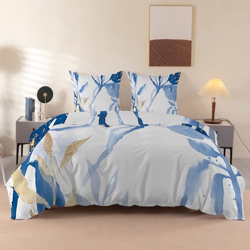 Funda nórdica de 240 x 280 cm, 2 personas, funda de edredón de flores de moda, microfibra, juego de cama para adultos, plantas de acuarela azules, ropa de cama con cremallera y 2 fundas de almohada de