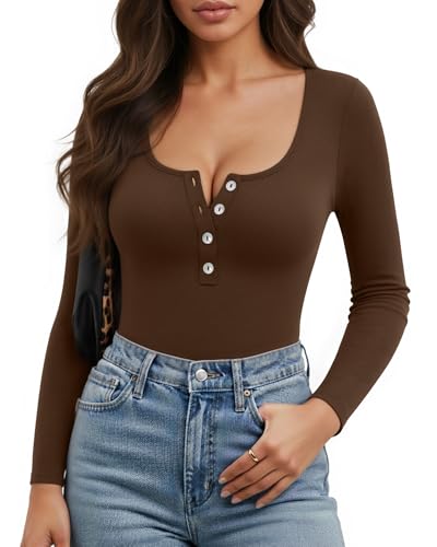 Image of Mangopop Women' Long Sleeve Ribbed Bodysuit Jumpsuits