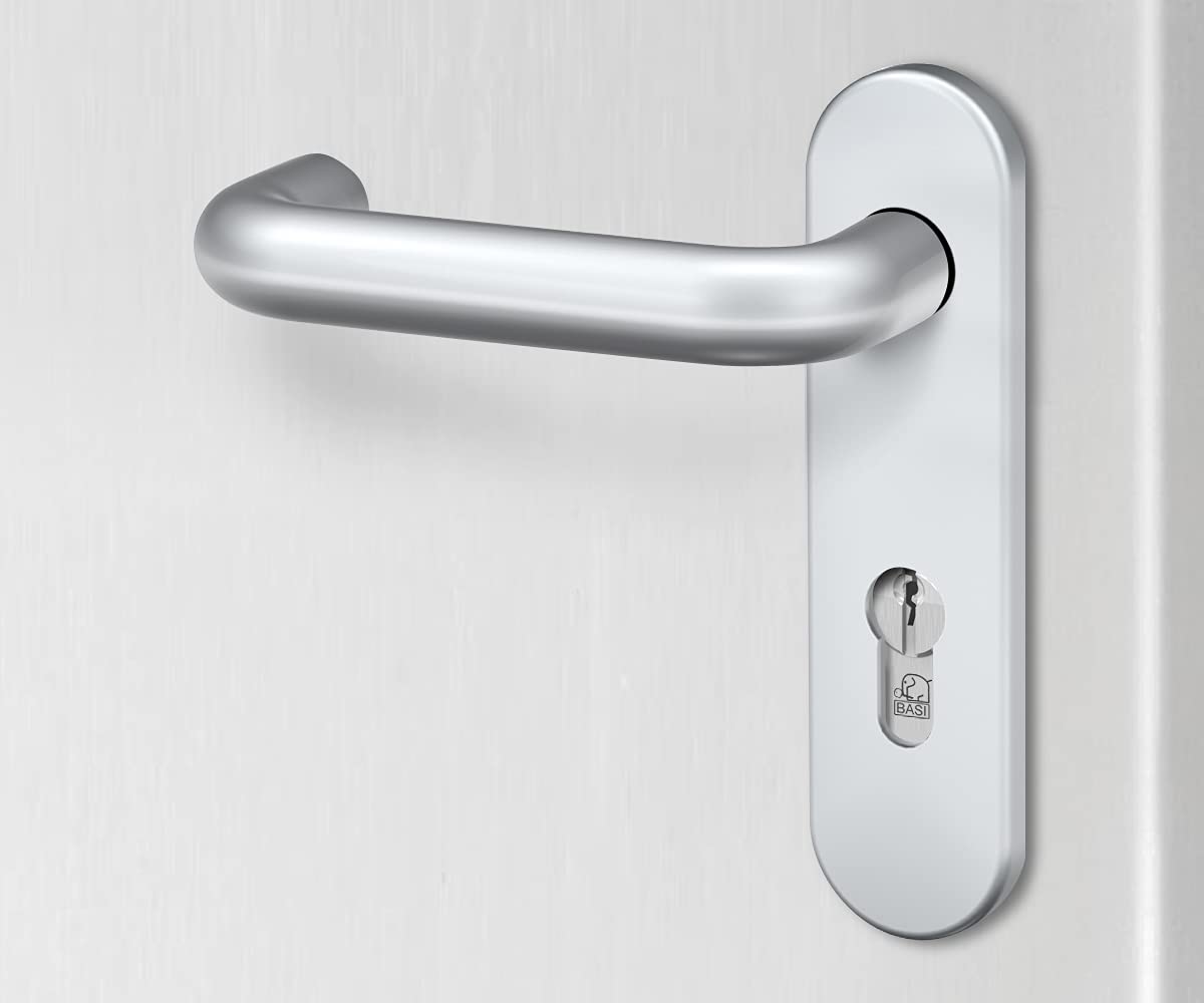 BASI Herraje para puerta de aluminio F1, para puertas interiores, grosor de la puerta 44-66 mm, cubierta de cilindro, juego de picaporte, placa corta redonda, herraje protector