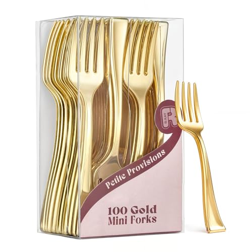 100 Pack Gold Mini Forks - 4 Inch Dessert Forks - Heavy duty Mini Forks For Appetizers Tastings Cocktails Dessert Cups BPA Free Small Gold Forks