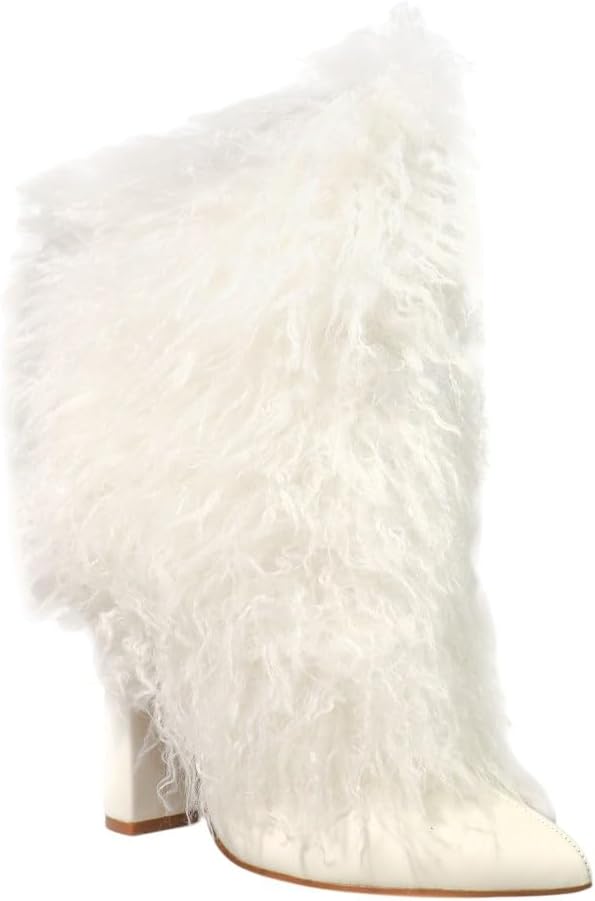 Women Mid Calf Faux Fur Chunky Block Heel Ankle Boots With Full Side Zipper