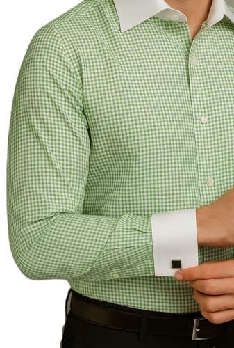 Image of Men's Premium Cotton Formal Dress Shirt - White Collar & French Cuffs with Cufflinks | Solid White, Micro Check & Striped for Office, Wedding