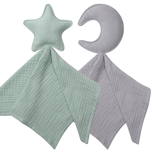 Image of Premium Soft Muslin Cotton Star & Moon Loveys Soft Breathable Newborn Security Blanket, Perfect Present for Baby Boy Girl, Neutral Fabric for Comfortable Sleep & Play, Ideal for Newborns, Toddlers