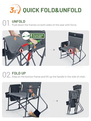 Timber Ridge Folding Oversized Rocking Camping Chair, 400lbs Capacity Portable Outdoor Rocker with Hard Armrests, Cup Holder & Side Pocket, Quick-Fold Design for Outdoor, Patio, Lawn