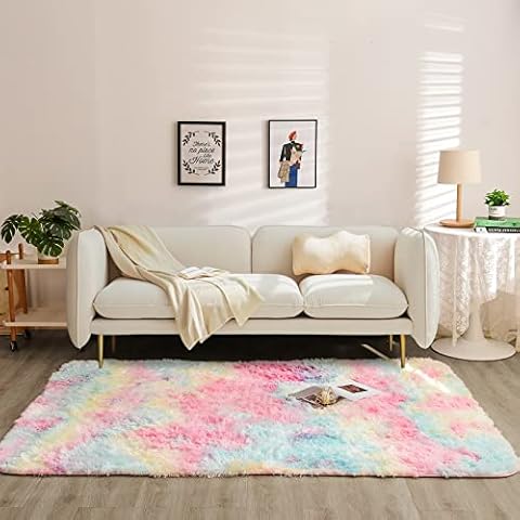 Meeting Story Rainbow Color Area Rugs Shaggy Tie Dye Rugs Soft and Fuzzy for Girls Living Room Toddlers Bedroom Baby and Pet Play Space (Pink, 5*7 Feet) Cover