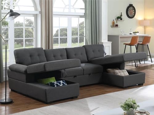 yoyomax Sectional Sofa-120” Sofa 3-4 People Sitting Pull Out Bed with 2 Storage Spaces for Living Room, Apartment and Office, Dark Grey