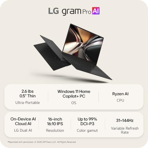Image of LG gram Pro 16-inch Thin and Lightweight Dual AI Laptop Computer, Windows 11 Home, Copilot+ PC, AMD Ryzen AI 7 450, 32GB RAM, 1TB SSD, Aerominum Black