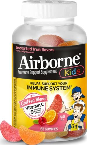 Image of Airborne Kids 500mg Vitamin C Gummies, Kids Immune Support Zinc Gummies with Powerful Antioxidants VIT C & E - 63, Assorted Fruit Flavor | Antioxidants Vitamins A, D & E + Zinc, Selenium, and Manganese, Herbal Blend, Naturally Flavored Supplements, Immune health