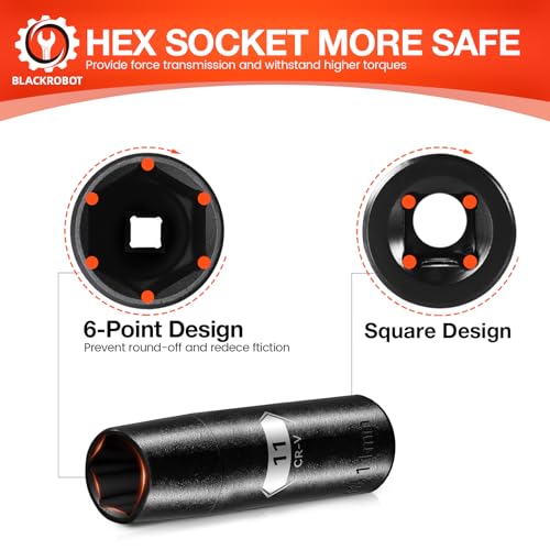 Image of BLACKROBOT 1 /2 Inch Drive 6-Point Deep Socket, 11mm Deep Impact Socket, CR-V Steel