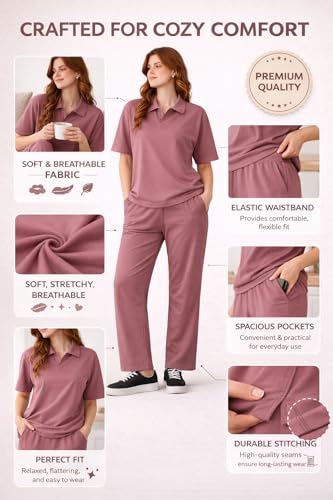 Image of Kvetoo Women Solid Tracksuit Set Cotton Lounge Wear Set Half Sleeve Polo T-Shirt & Straight Pant Casual Travel Outfit