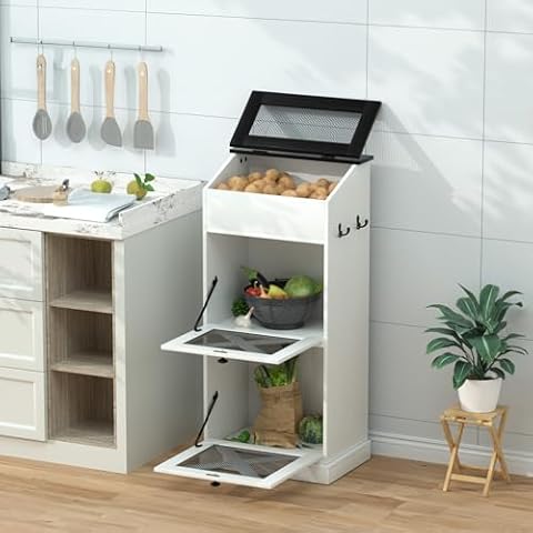 Wooden Potato and Onion Storage Bin w/Lid, Large Capacity and Ventilated Design, Ideal for Pantry, Kitchen White Cover