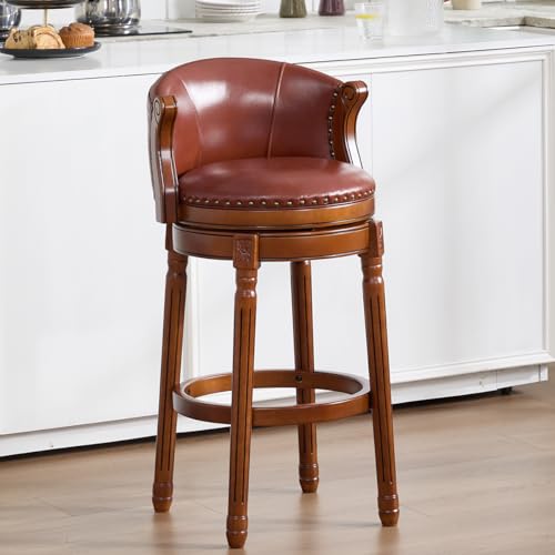 Image of Cow top Leather Wooden Bar Stools, 29.5 inch Bar Height Bar Chair with Back, 180 Degrees Swivel Barstools Chair for Home Kitchen Counter,Dining Room (Brown-1pc, Bar Height-Seat Height 29.5 inch)