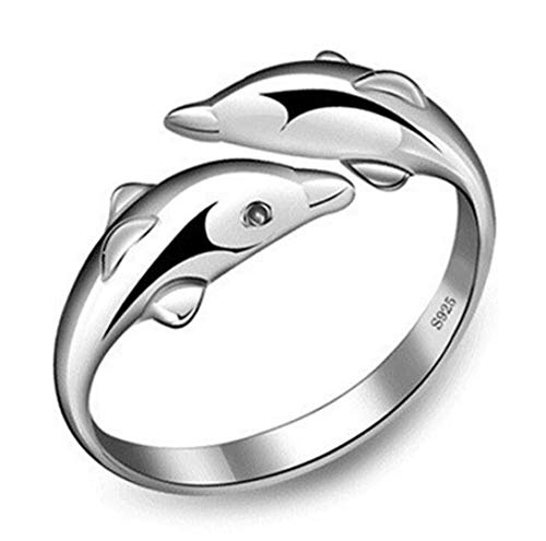 Wiftly Damen Mädchen-Ring 925 Sterling Silber Dopple Delphin Ewig Liebe Einfache Verstellbare Größe Offener Ring Band Ring Mode Zeigefinger Ring