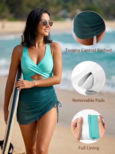 Image of B2prity Women Mesh One Piece Swimdress Swimsuit Tummy Control V Neck Cutout Bathing Suit Wrap Drawstring Sarong Swimwear