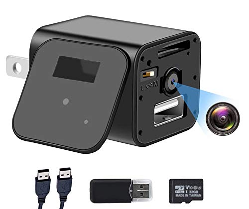 1080P Hidden Camera Charger with 32GB SD Card, Full HD Mini Camera, Nanny Cam with Motion Activation, No WiFi Surveillance Cameras for Indoor Outdoor Covert Security Camera
