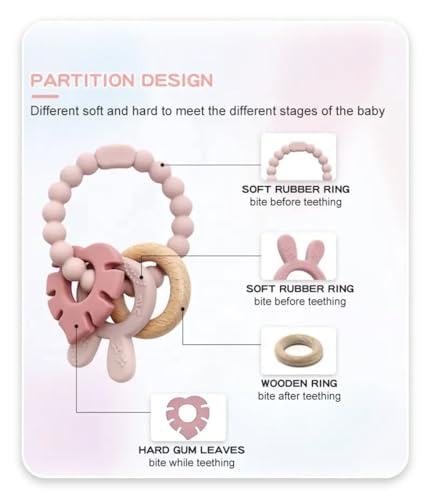 Image of | Bohemian Teether | Baby Teether | Sensory Exploration and Teething Relief | 100% Food-Grade Silicone Teether Toy | BPA Free | Chewbeads | Silicone with Beechwood Ring | (Pink)