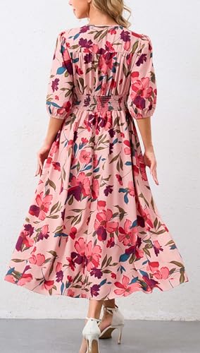 Image of Kormei Women Casual Boho V Neck 3 /4 Sleeve Smocked Waist A Line Flowy Swing Midi Dress Smocked Long Dress