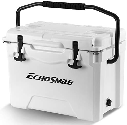 EchoSmile 25 Quart White Rotomolded Cooler, Portable Ice Chest Cooler with Durable Handles, Fish Ruler, Cup Holder and Beer openers, Keep Ice Up to 5days for Camping, Fishing (30-Can Capacity)
