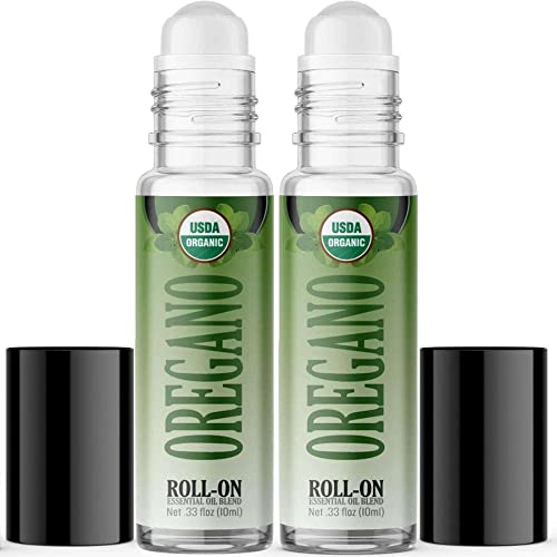 Organic Oregano Roll On Essential Oil Rollerball (2 Pack - USDA Certified Organic) Pre-diluted with Glass Roller Ball for Aromatherapy, Kids, Children, Adults Topical Skin Application - 10ml Bottle 