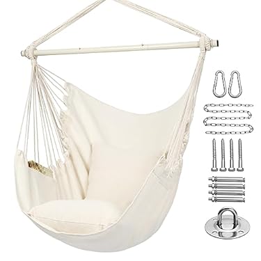 AMAZON - Y- STOP Hammock Chair Hanging Rope Swing Chair, Max 500 Lbs, 2 Seat Cushions Included, Removable Steel Spreader Bar with Anti-Slip Rings, Hardware kit-for Indoor or Outdoor(Beige)