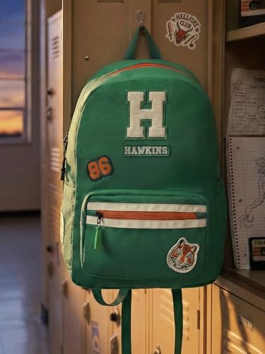 Image of The Souled Store Official Stranger Things Hawkins School Backpack | Green 18L Retro Daypack with 15.6 inch Laptop Sleeve & Embroidered Patches