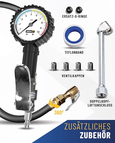 GERCHWAY Reifenfüller mit Manometer – Präziser, robuster 0-10 bar Druckluft Reifendruckfüller für Kompressor – Extra langer 50 cm Schlauch – Luftdruckprüfer für Auto, Motorrad, LKW & Werkstatt