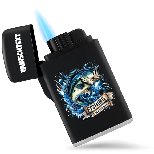 Feuerzeug Sturmfeuerzeug - Angeln - Fishing is My Therapy - Angelzeug Zubehör - 6,5 x 4 cm - Schwarz - Sturm