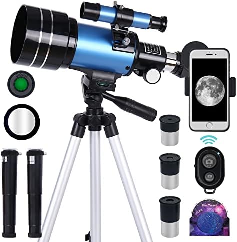 Telescope for Adults & Kids, 70mm Aperture Professional Astronomy Refractor Telescope for Beginners, 300mm Portable Refractor Telescope with AZ Mount, Phone Adapter & Wireless Remote(Blue)