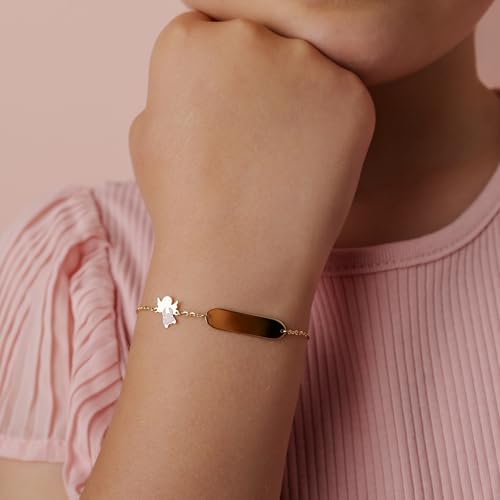 Pulsera de oro de 9 quilates infantil con ángel rosa azul y placa grabable niños 3