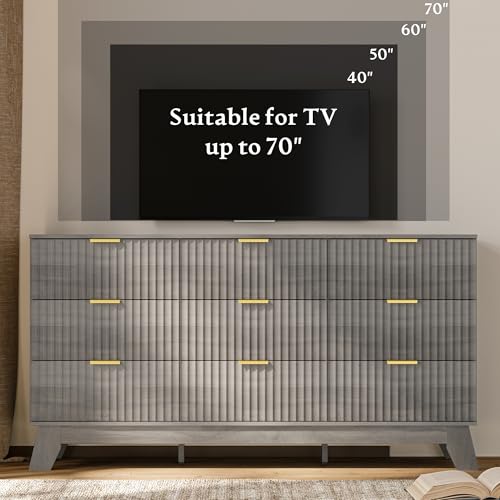 Image of HUANLEGO Fluted Dresser for Bedroom with 9 Drawers, 57 inch Mid Century Modern Dresser of Closet TV Stand, Nature Wood Dressers with Gold Handle, Boho Closet Wide Modern Chest of Drawers, Grey