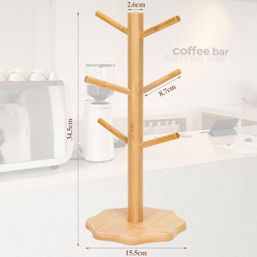 Euqvunn 6 Cups Mug Tree, Wooden Mug Stand Cup Tree, Kitchen Storage Rack Coffee Cup Holder, Countertop Mug Holders with Anti-Slip Weighted Base Coffee Cup Stand for Mugs for Kitchen, Cafe(No Mugs ) - Image 7