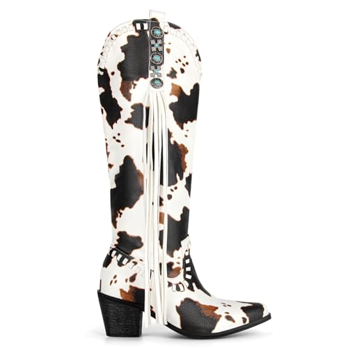 MissHeel Knee High Fringe Cowboy Boots with Turquoise Stones Side Zipper2